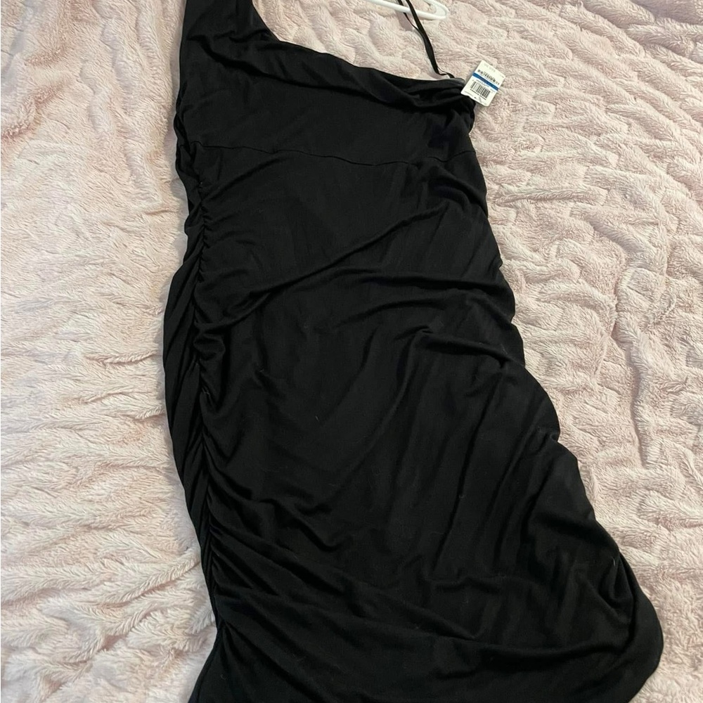 INC International Concepts Black Asymmetrical Ruched Cocktail Dress